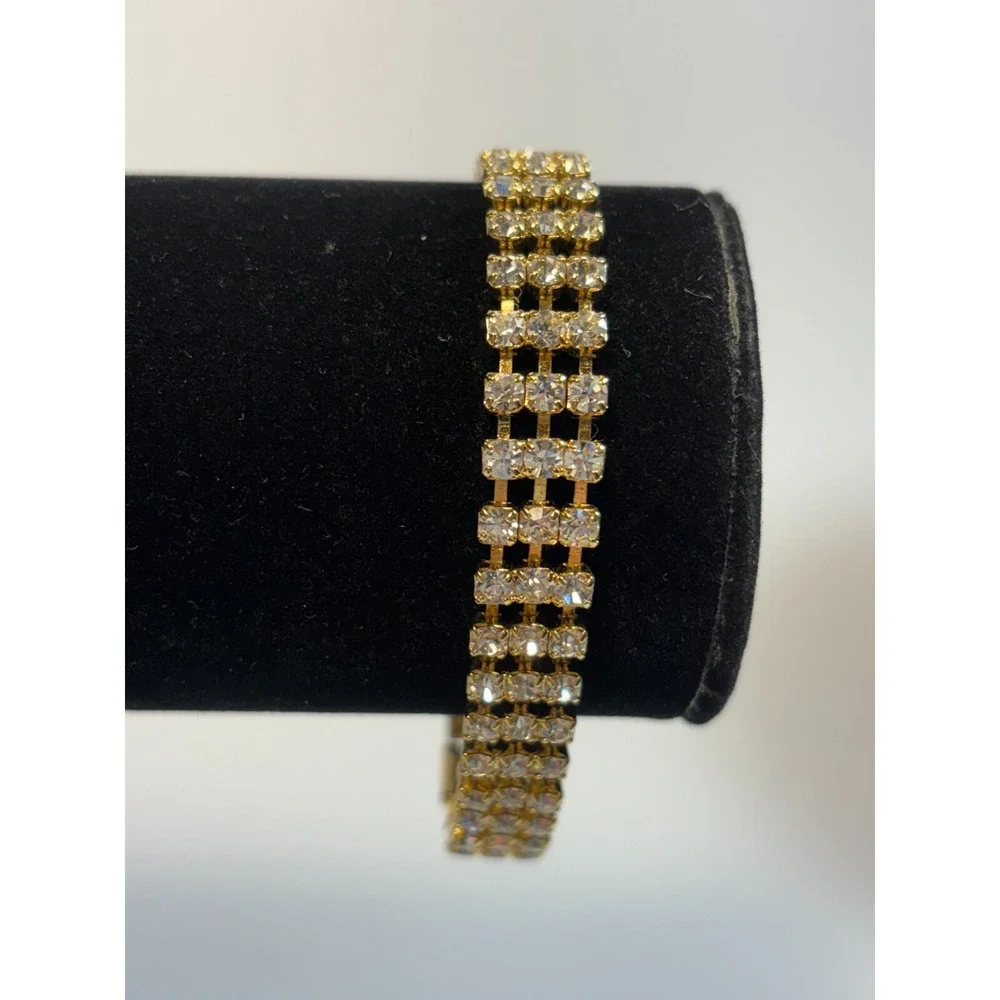Vintage Gold Tone Bracelet Clear Rhinestone‎ Triple Row Elegant Jewelry